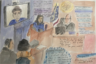 Non-detained master calendar hearing, art by Anita White Non-detained master calendar hearing, art by Anita White